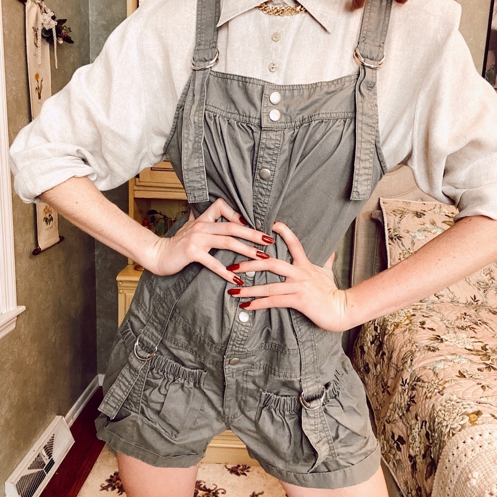 Casual Olive Green Women's Denim Short Overalls